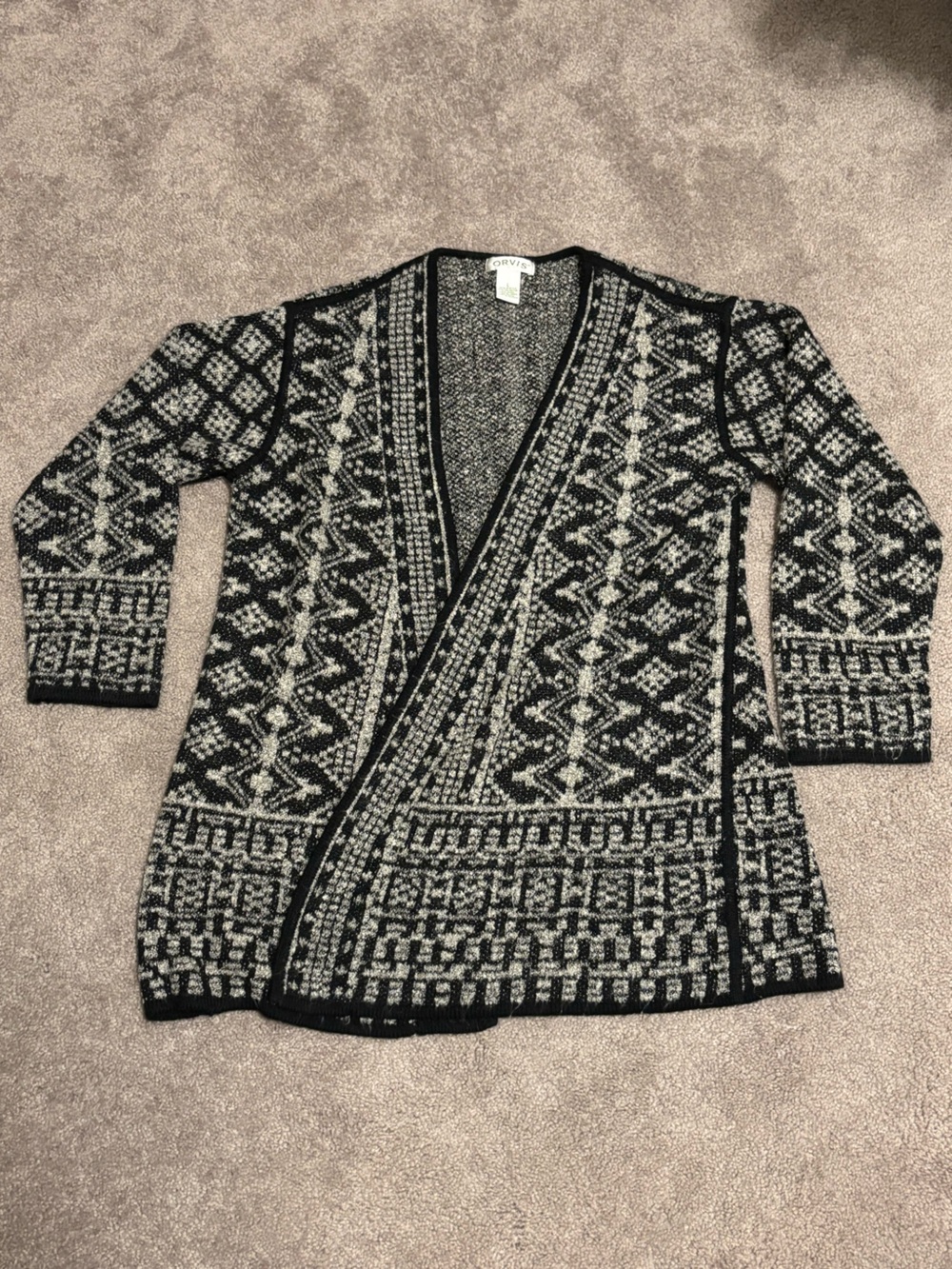 Orvis Black and White Patterned Open-Front Cardigan